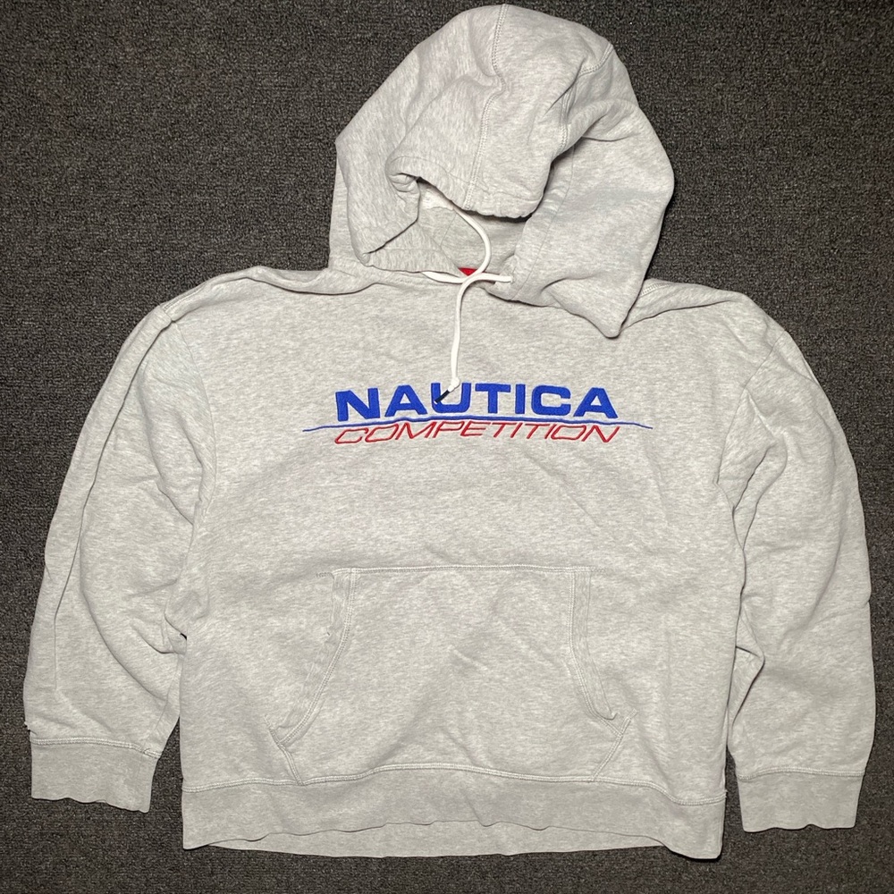 vintage y2k nautica embroidered spell out gray boxy hoodie size xl